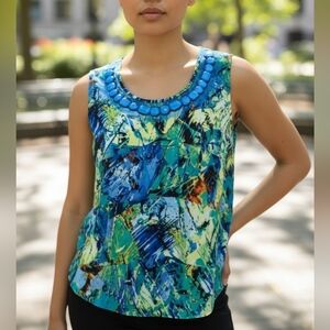 Notations Sleeveless Yellow Blue Beads Top. Large.